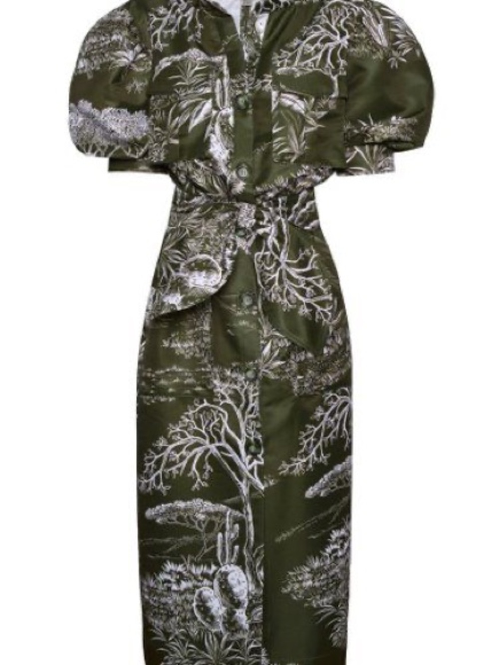 Olive Green Botanical Puff-Sleeve Midi Dress with Self-Tie Waist